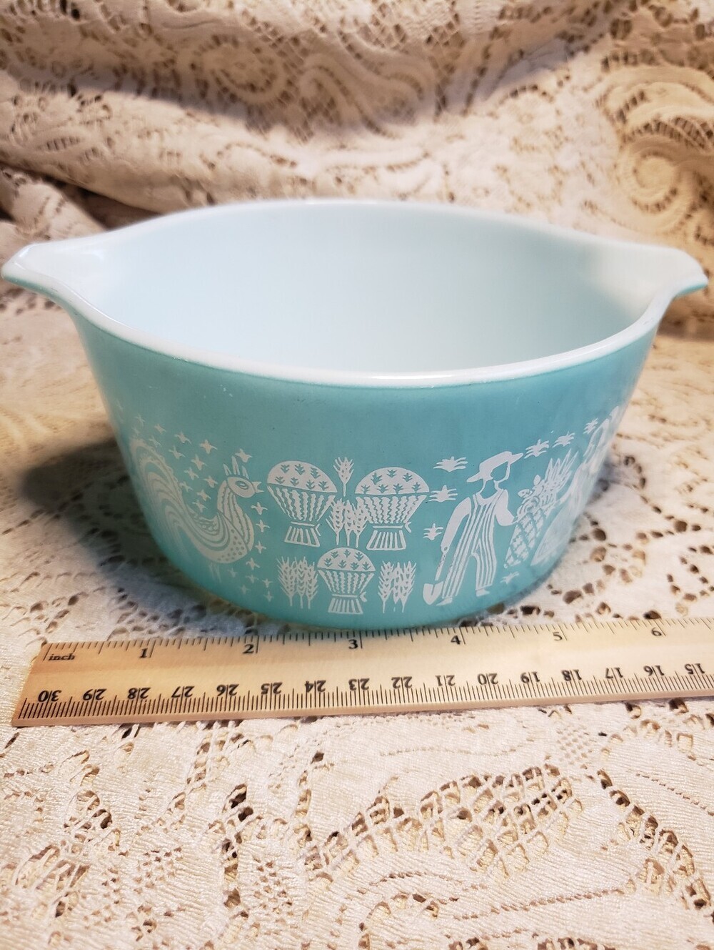 Vintage Pyrex Turquoise Blue Amish Mixing Bowl with White Folk Pattern